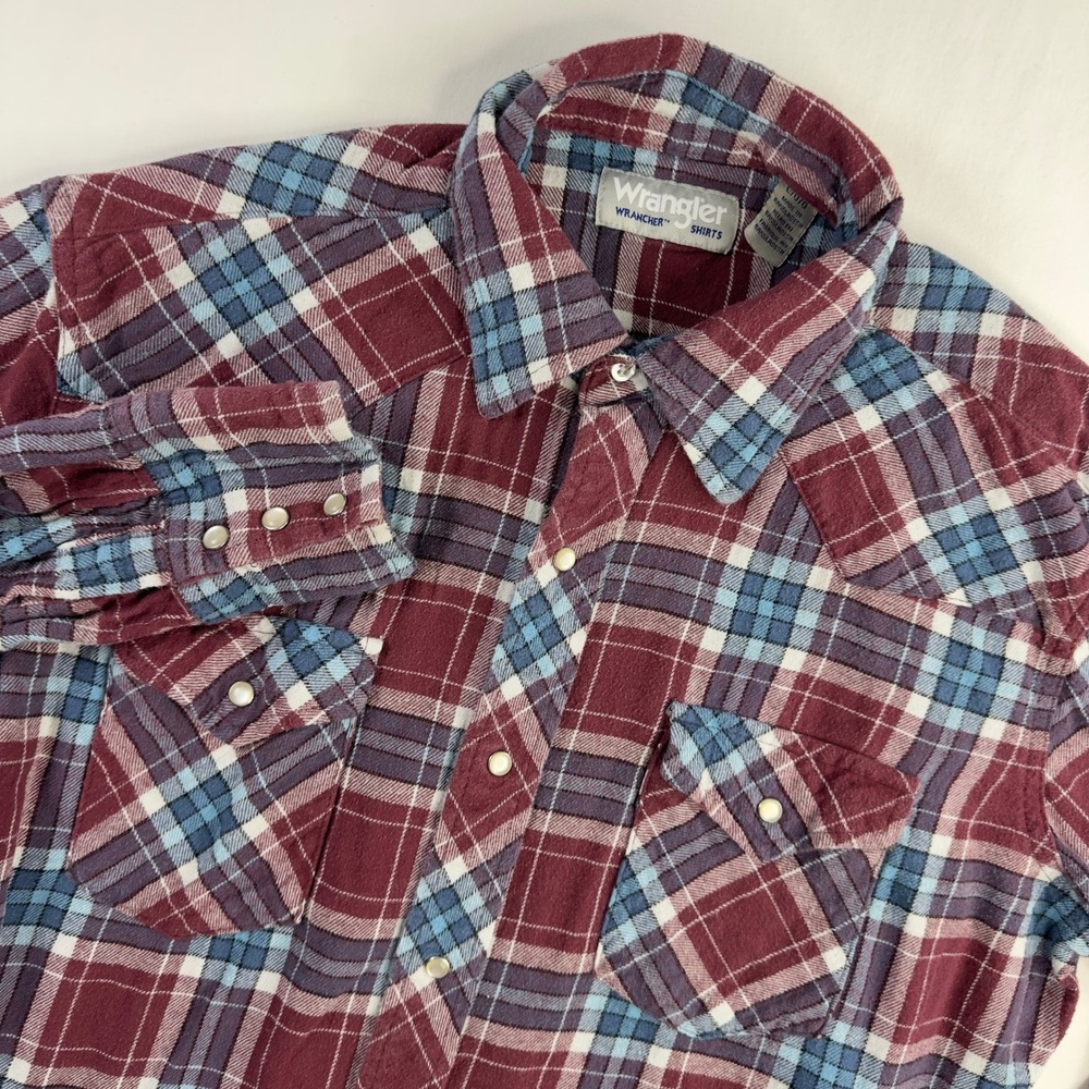 Wrangler Shirt Men's Large Flannel Red Blue Plaid Long Sleeve Button‎ Down